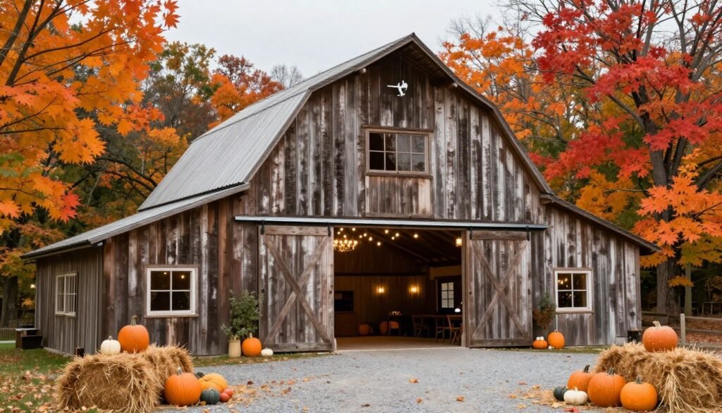 fall wedding at rustic barn venue with autumn foliage