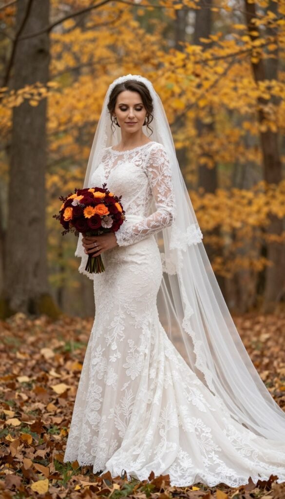 fall wedding bride in long sleeve dress with autumn bouquet