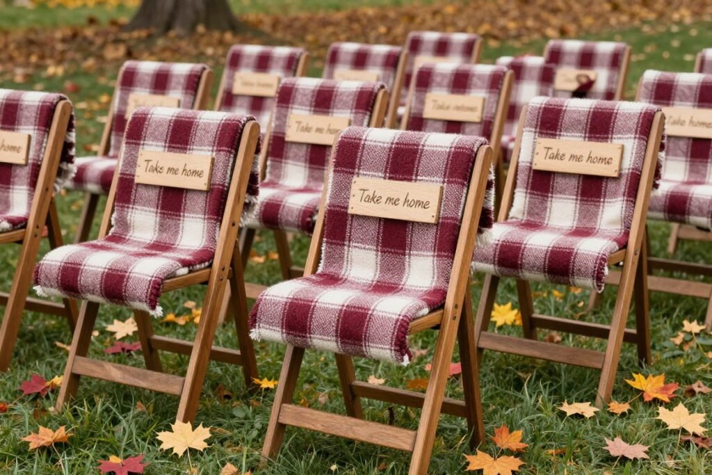 fall wedding ceremony seating with blanket favors
