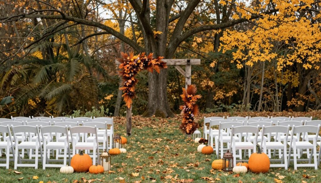 fall wedding ceremony with pumpkin aisle decorations
