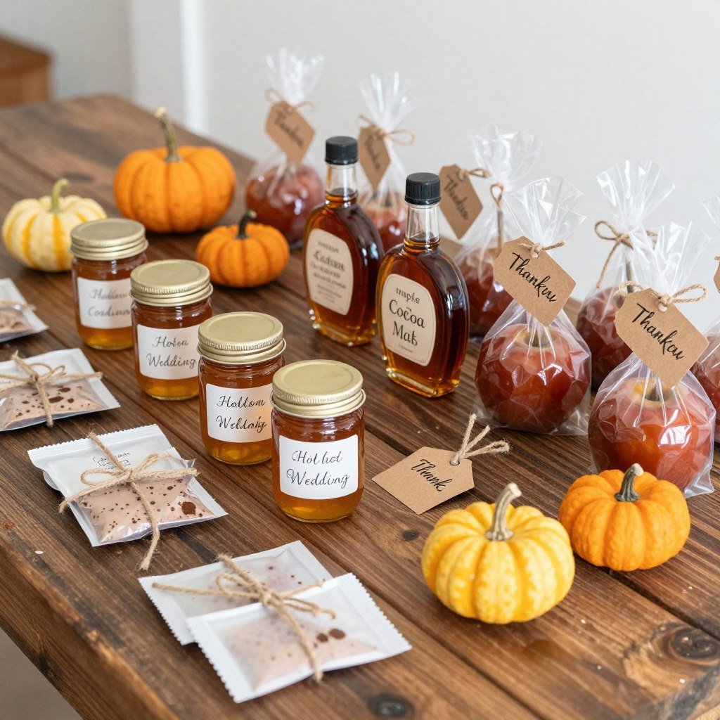 fall wedding favors display with personalized items