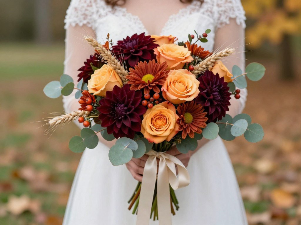 fall wedding flowers featuring dahlias and autumn foliage