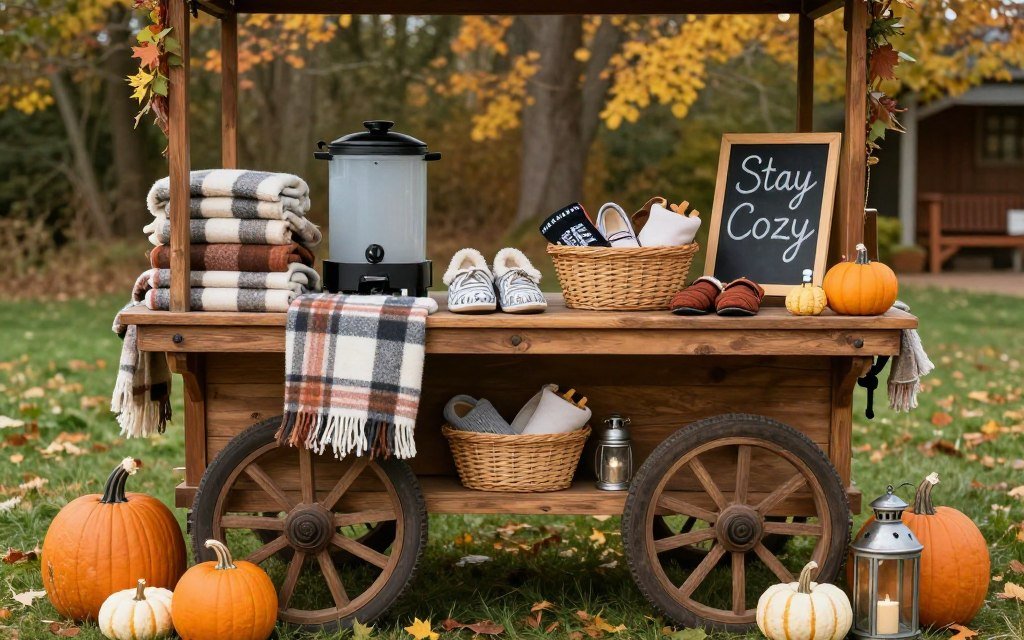 fall wedding guest comfort station with blankets and hot drinks