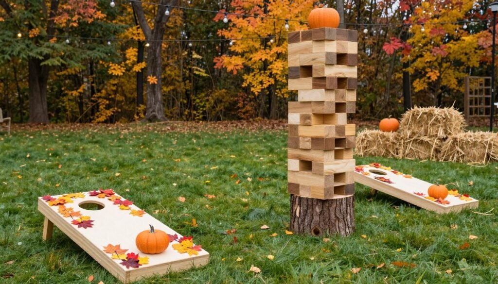 fall wedding lawn games with autumn decorations