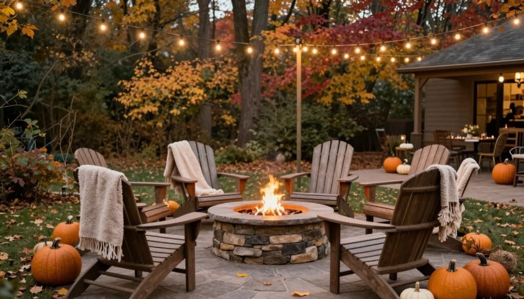 fall wedding outdoor lounge area with fire pit