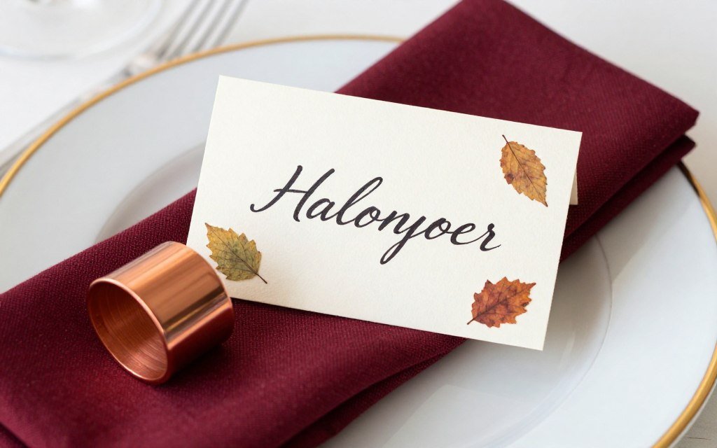fall wedding place cards with calligraphy and autumn leaves