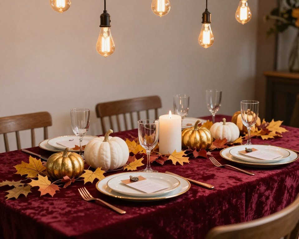 fall wedding reception table setting with pumpkin centerpieces