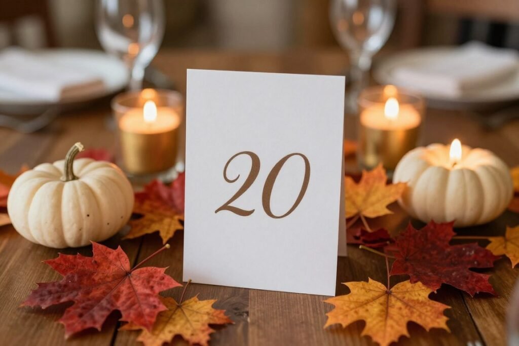 fall wedding table number with autumn leaves