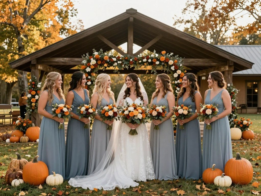 fall wedding with dusty blue bridesmaid dresses and autumn decor