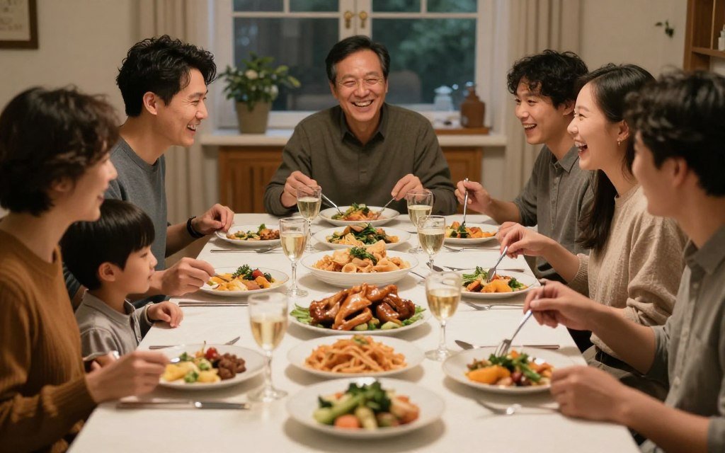family gathered around beautiful table setting