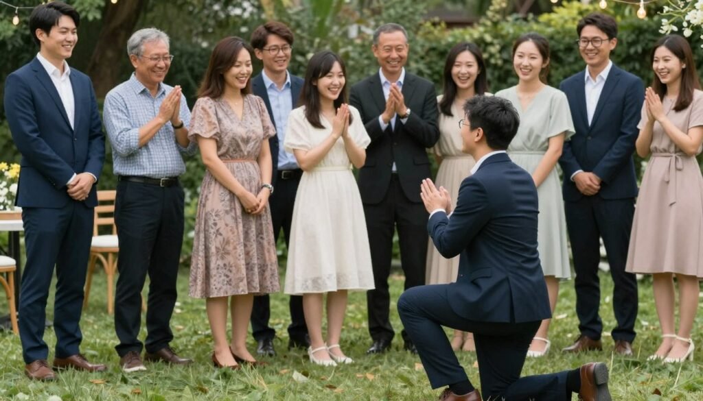 family gathering proposal with friends and family celebrating