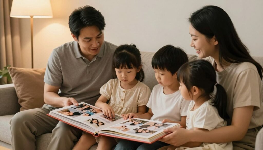 family looking at wedding album together with memorial pages
