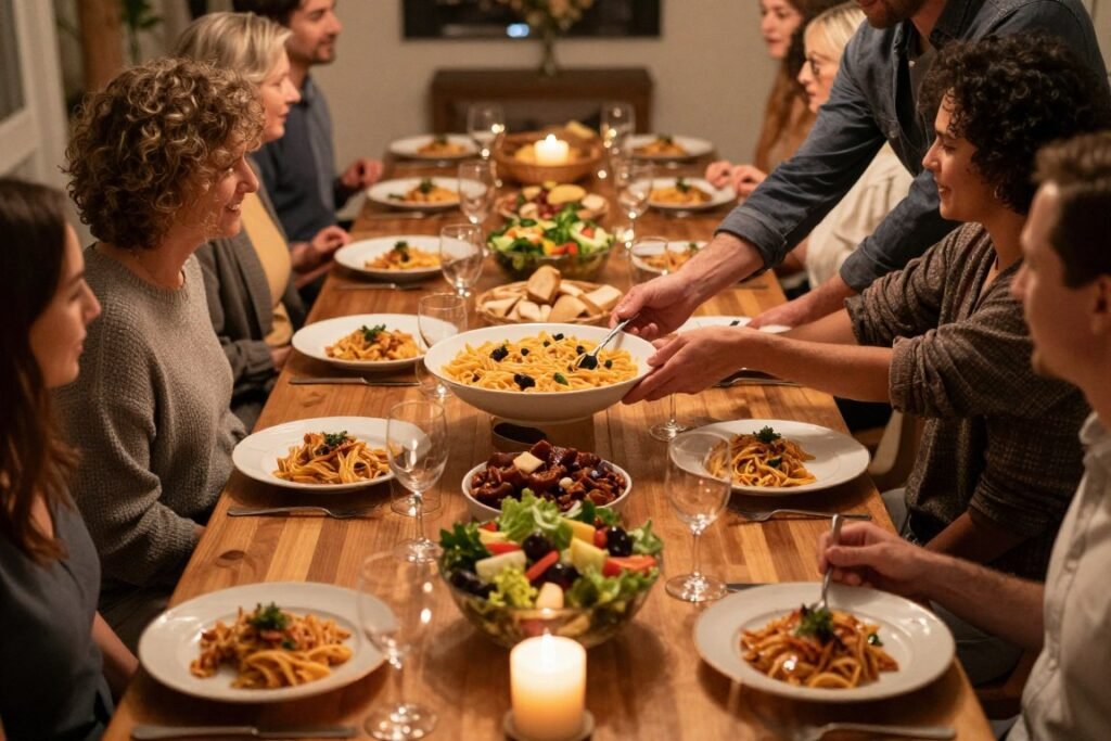 family style dinner table with shared dishes