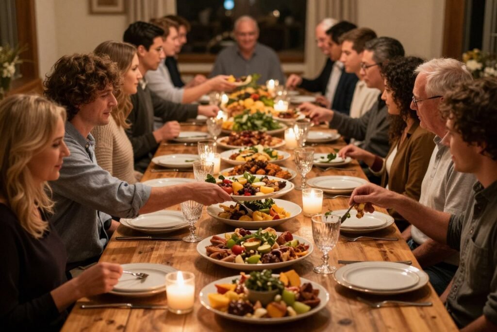 family style micro wedding dinner with shared platters on long table