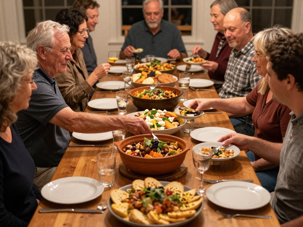 family style rehearsal dinner with large platters on table family style rehearsal dinner with large platters on table