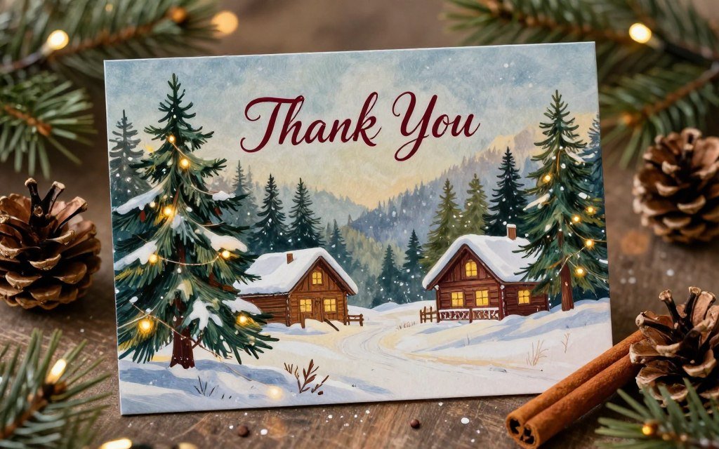 festive holiday thank you card with winter scene and warm gratitude message