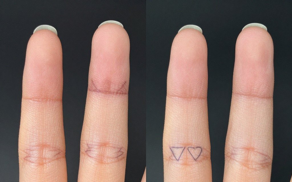 finger tattoo before and after touch-up showing improved appearance