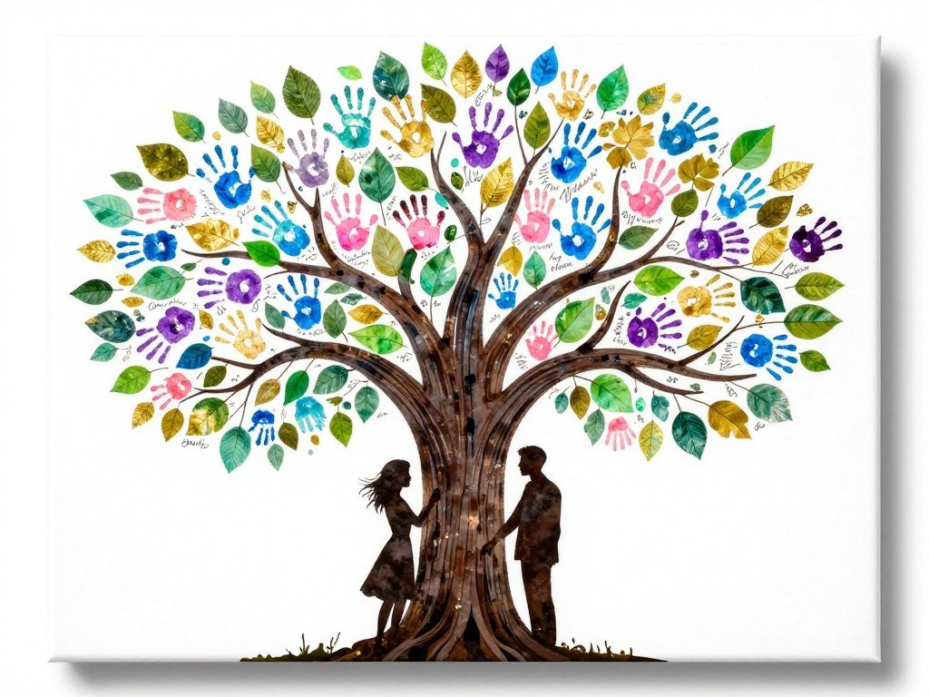 fingerprint tree canvas artwork with colorful thumbprint leaves and couple's silhouette as tree trunk