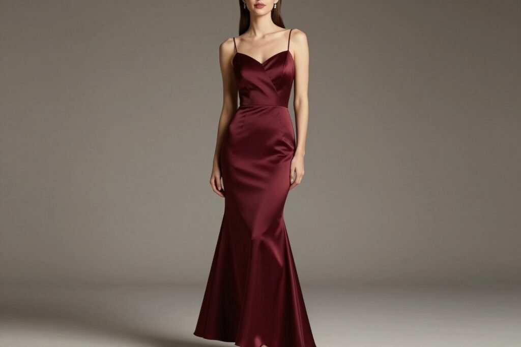 fitted mermaid satin bridesmaid dress in burgundy