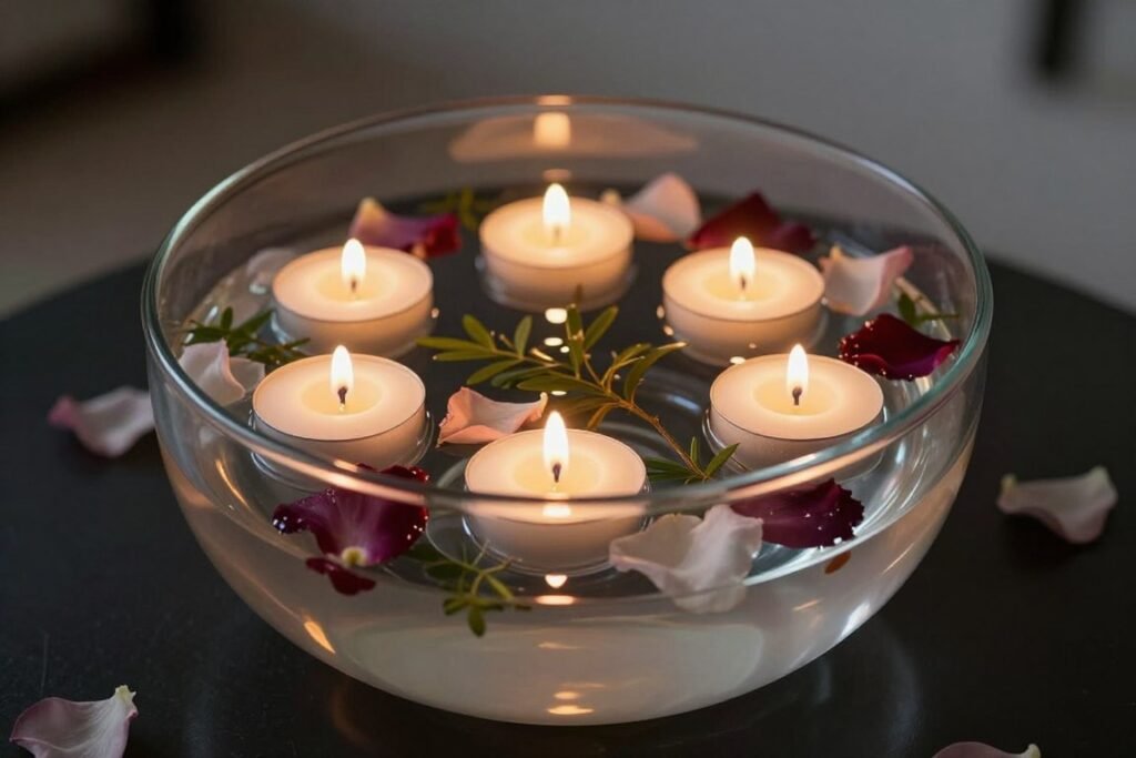floating candles in glass bowl centerpiece