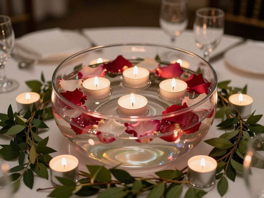 floating candles in water with flower petals