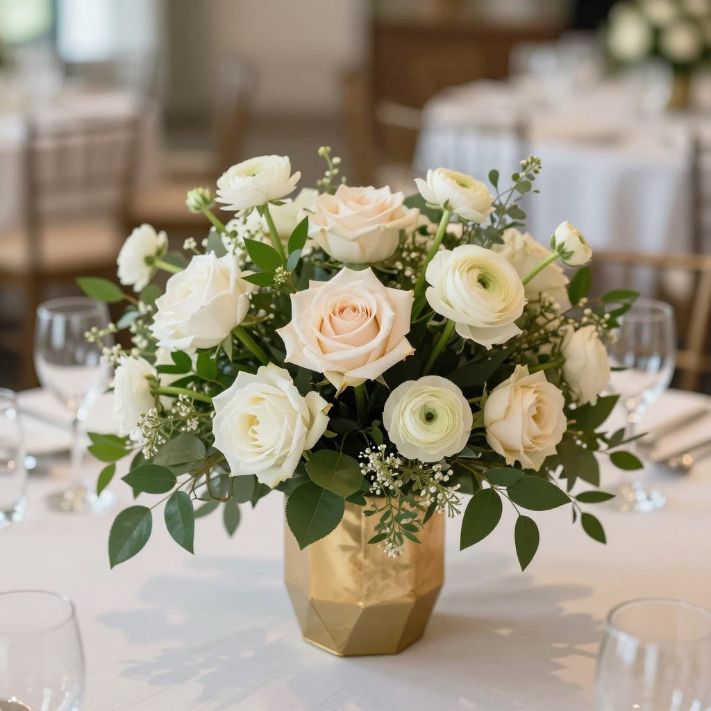 floral centerpiece in gold vase