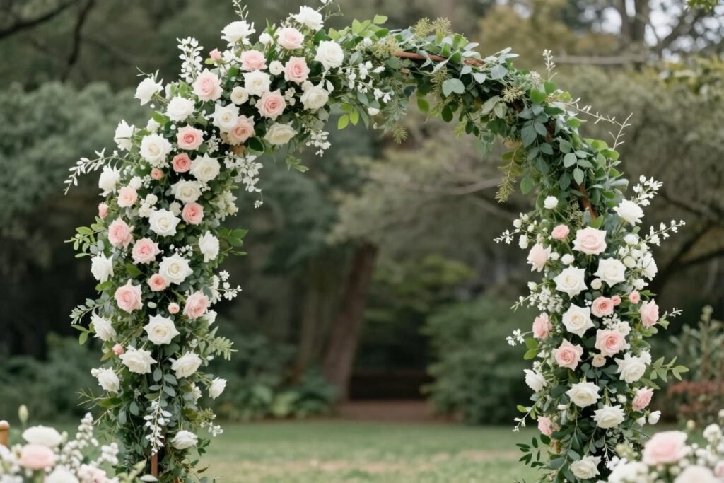 floral wedding ceremony arch with white and blush roses