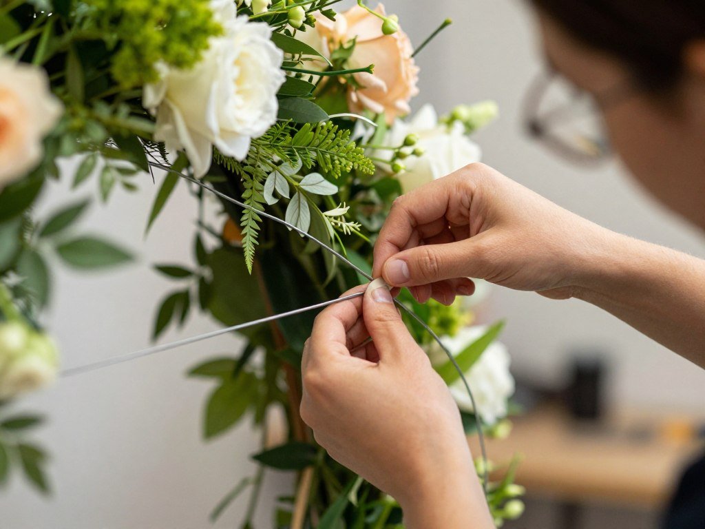 florist attaching flowers to wedding arch