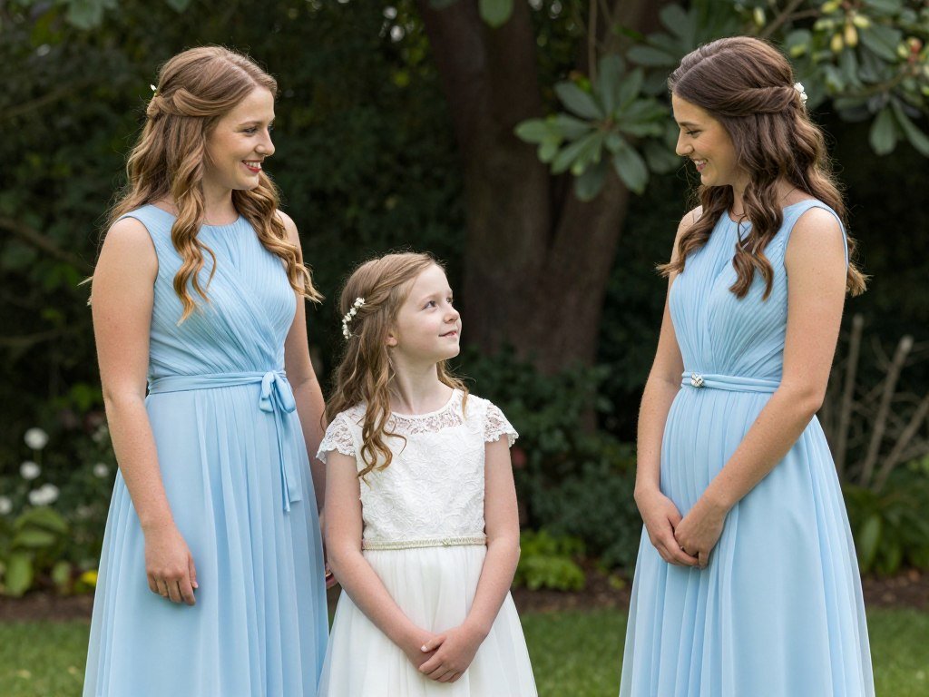 flower girl and junior bridesmaid coordinated in light blue