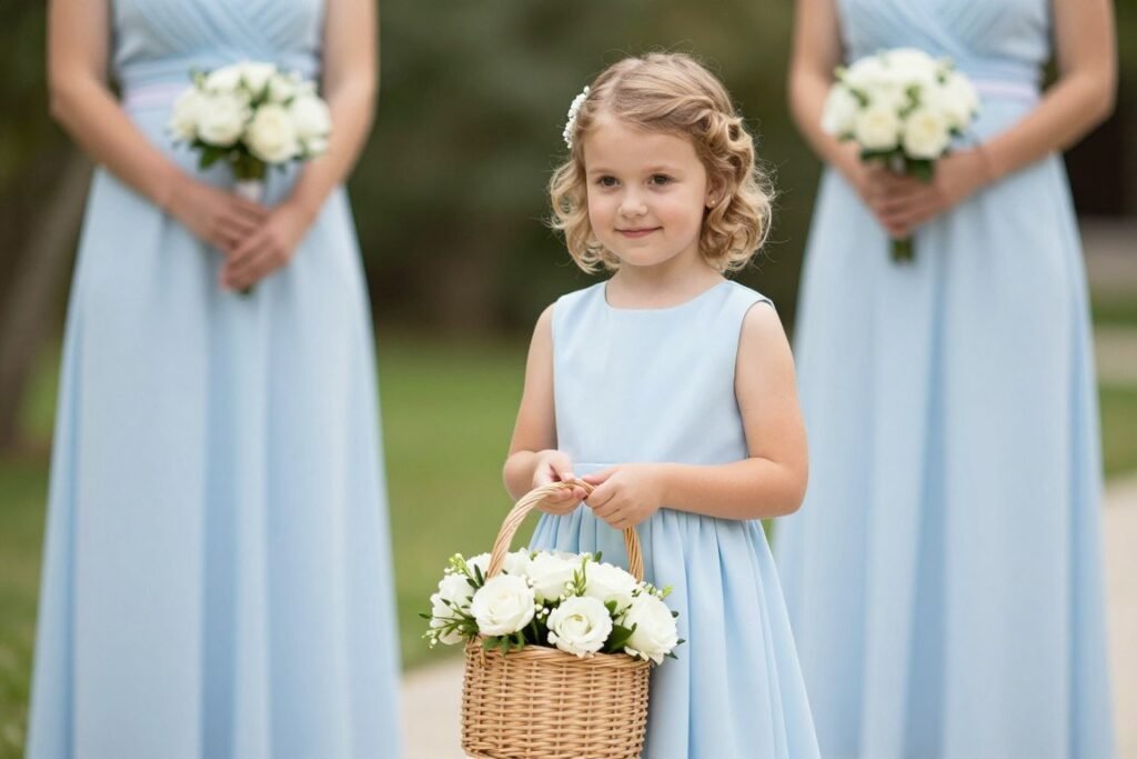 flower girl in light blue dress matching bridesmaid style