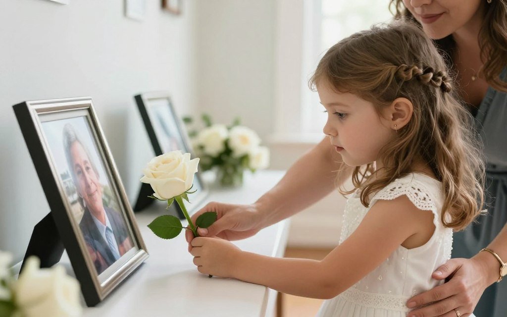 flower girl placing flower at memorial table