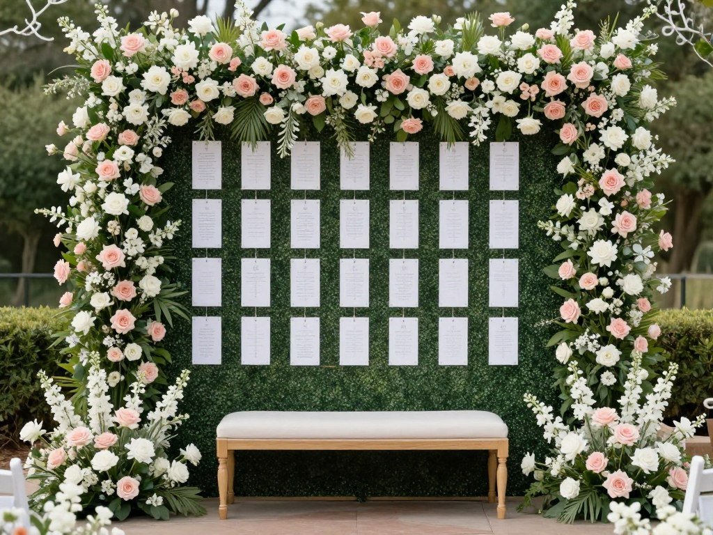 flower wall with seating chart cards