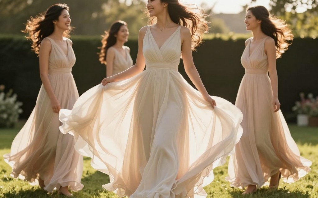flowing chiffon neutral bridesmaid dresses moving in breeze at outdoor wedding