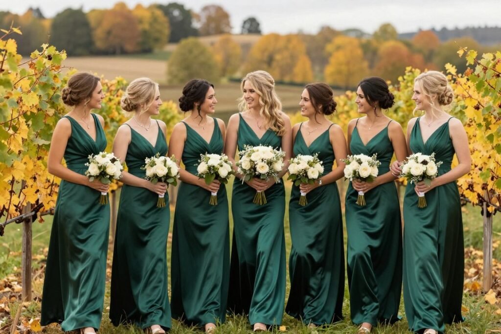 forest green satin bridesmaid dress fall setting