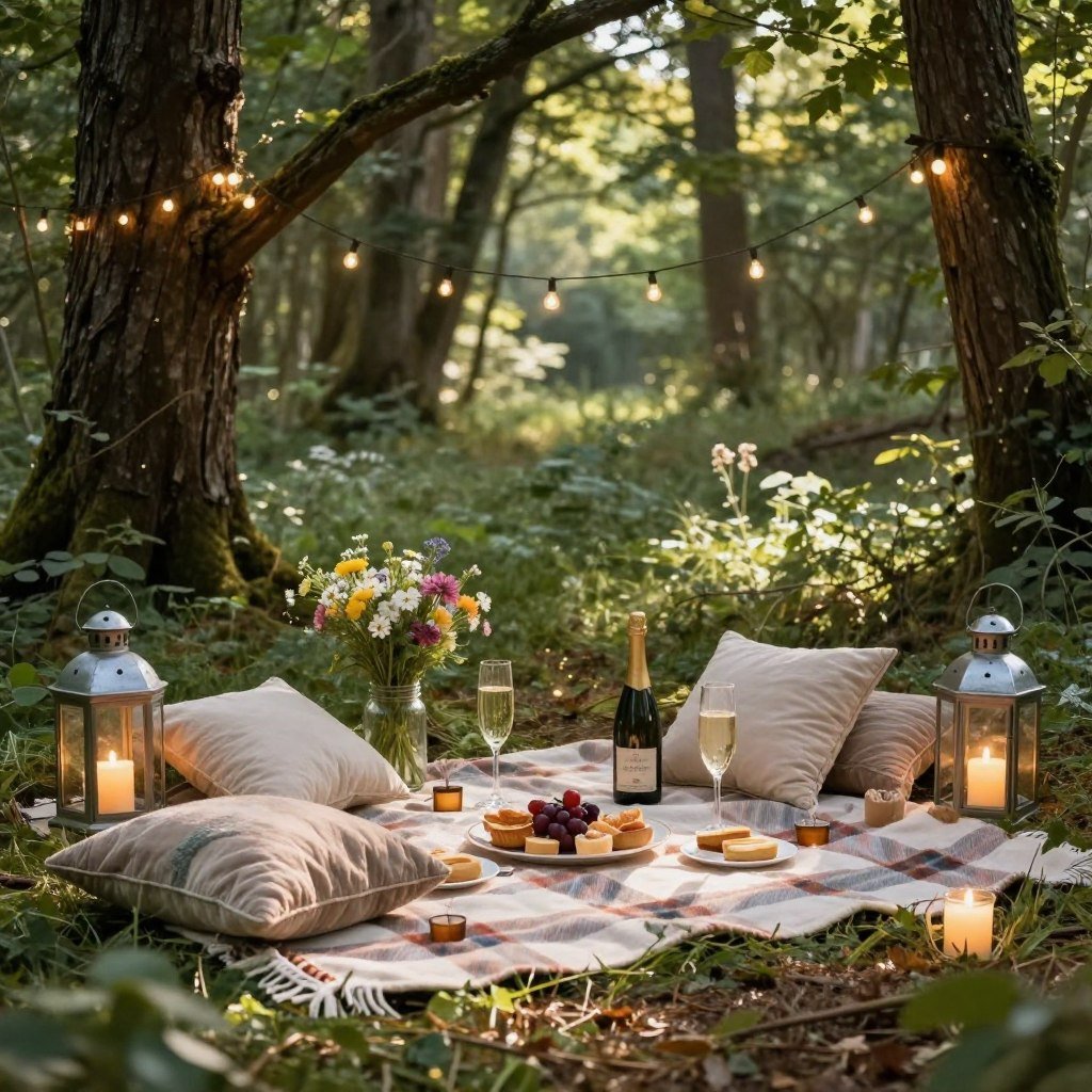 forest proposal aesthetic with hanging lights and picnic setup