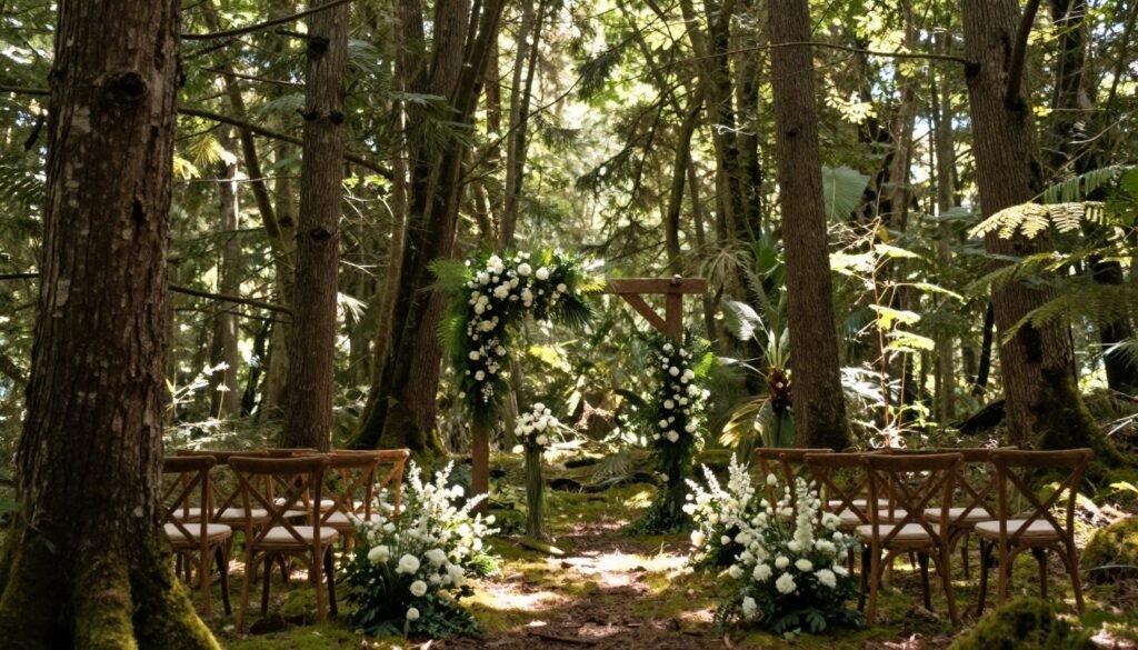 forest wedding ceremony among tall trees