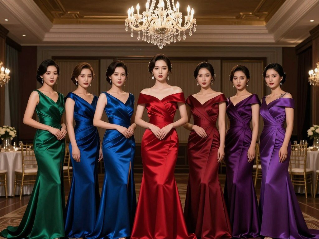 formal ballroom wedding with bridesmaids in rich jewel tone dresses emerald sapphire ruby