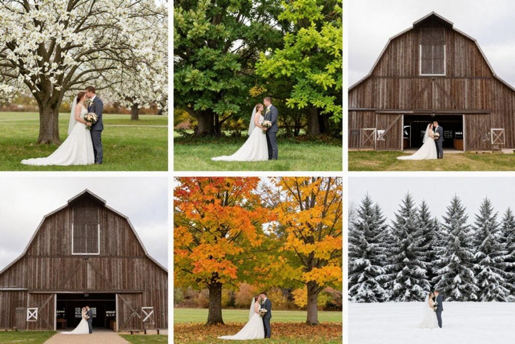 four seasons collage of barn wedding setups