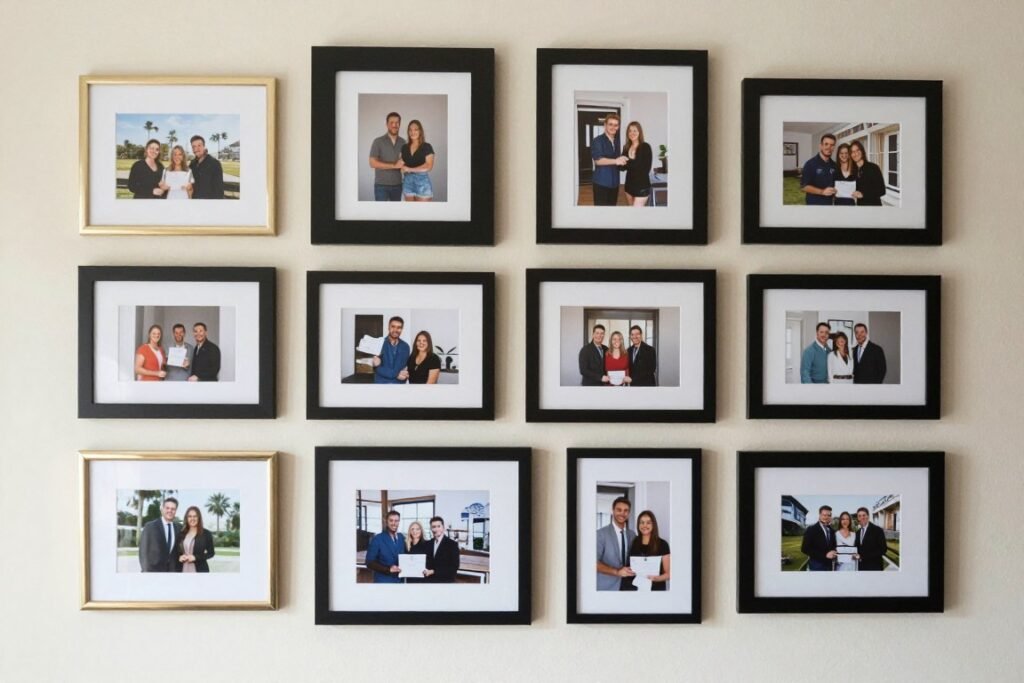 framed photo booth pictures displayed on wall framed photo booth pictures displayed on wall