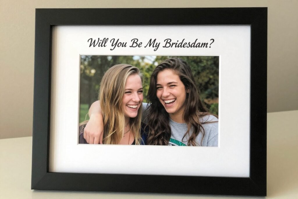 framed photo of friends with custom bridesmaid proposal mat