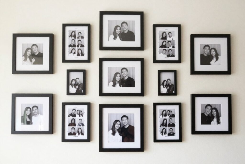 framed photobooth strips displayed on wall gallery