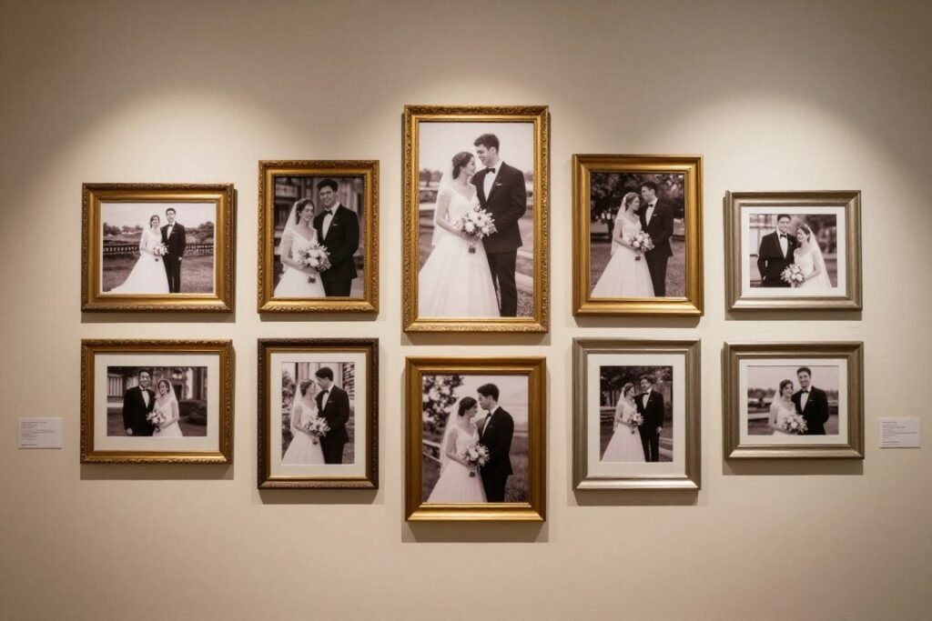 framed photos memorial display at wedding
