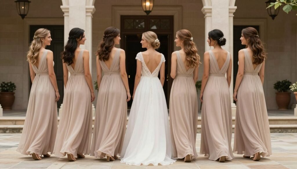 full length chiffon neutral bridesmaid dresses with pleated details at elegant venue