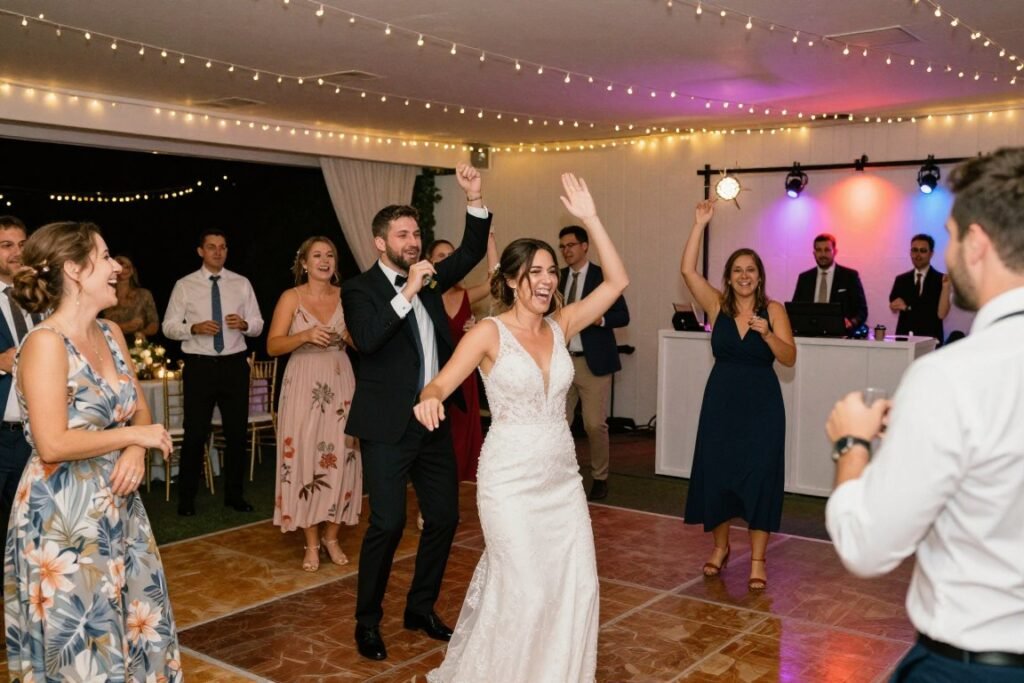fun wedding reception entertainment with dance floor and guests