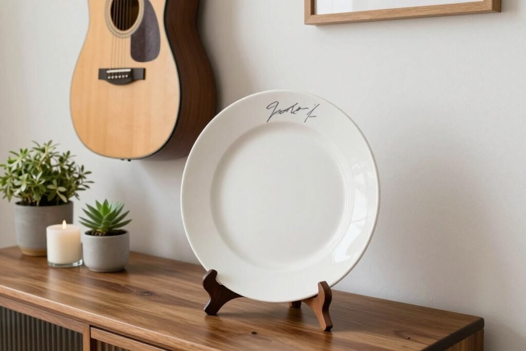 functional wedding guest book displays including signed platter on stand and framed guitar on wall functional wedding guest book displays including signed platter on stand and framed guitar on wall