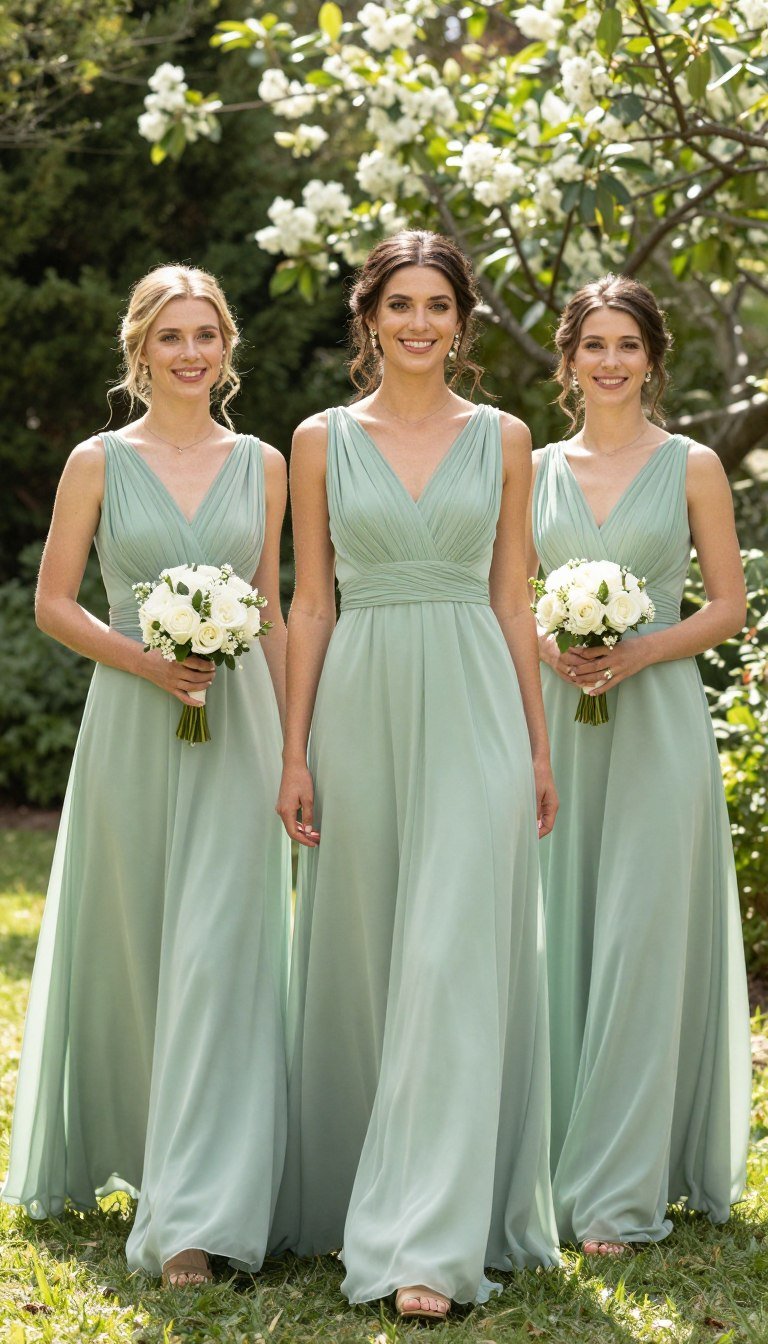 garden party bridesmaid dress flowing chiffon in sage green outdoor setting