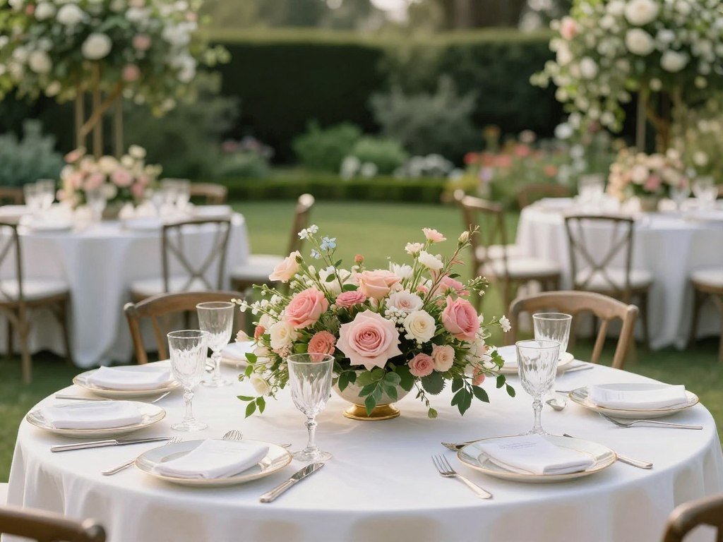 garden party rehearsal dinner with floral arrangements