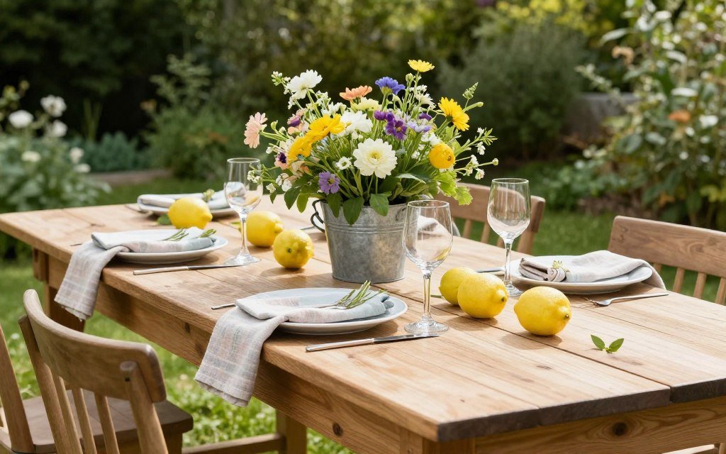 garden party table with natural decorations