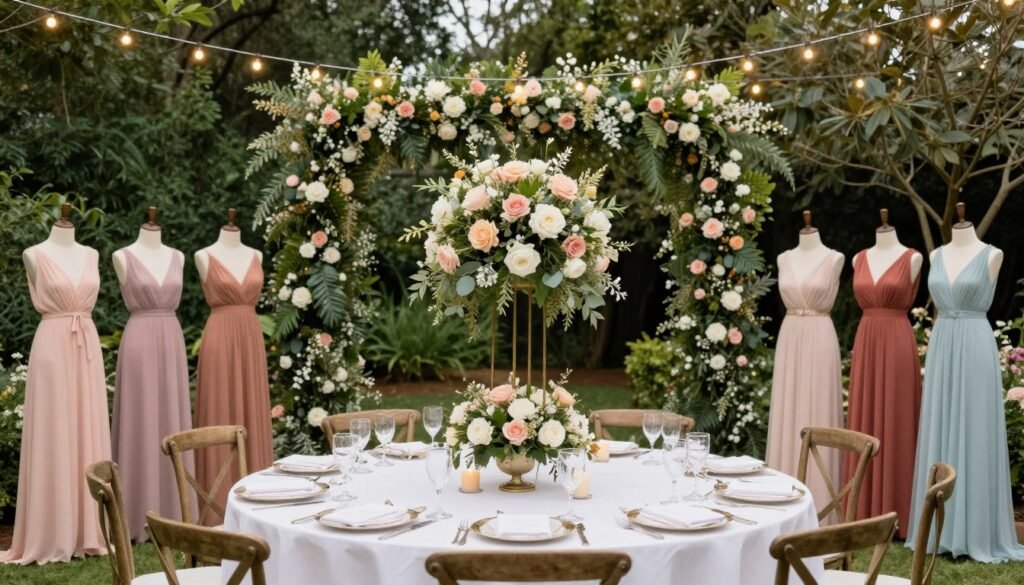 garden party wedding reception setup bridesmaid dresses displayed