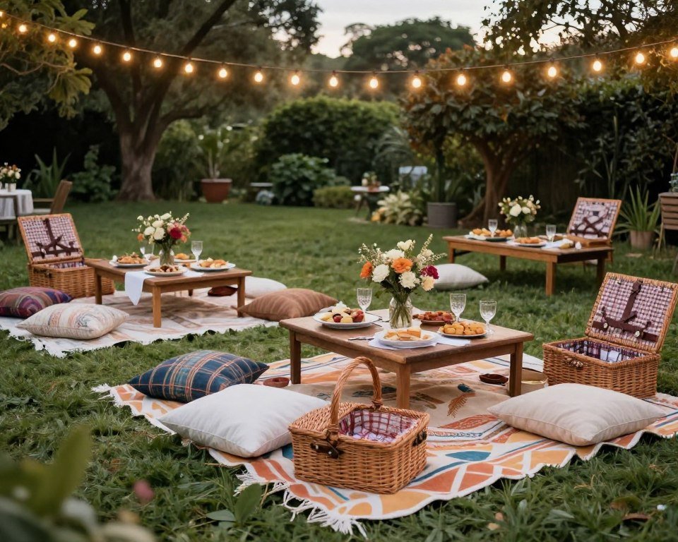 garden picnic rehearsal dinner with blankets and baskets on lawn garden picnic rehearsal dinner with blankets and baskets on lawn
